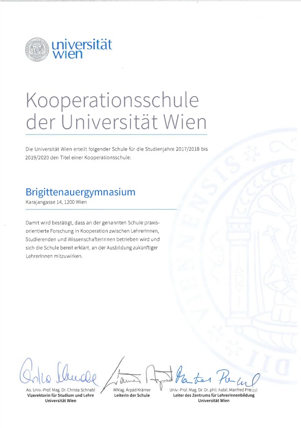 Bestätigung über Kooperation mit der Uni Wien